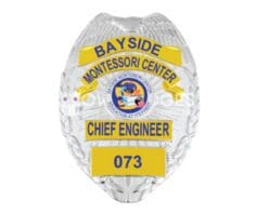 Bay Side Montessori Center Chief Engineer Silver Badge with blue Text. Style # 3-b2