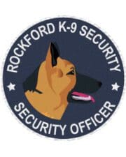 Sewn on patch with Rockford k-9 security officer patch with blue background and white text a logo of a dog