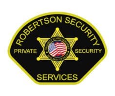 Custom iron on patches Robertson Security services a black and yellow sign with a star and text