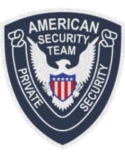 Sewn patches American Security Team Private security patch navy blue and white text patch with a bird and a shielda close-up of a logo