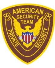 Sewn patches American Security Team Private security patch brown and gold text patch with a bird and a shield close-up of a logo close-up of a shield