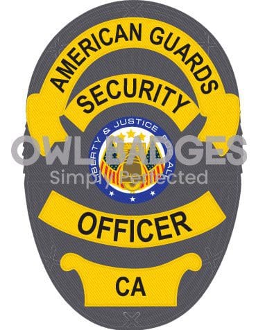 Clothe patch with American Guard Security Officer in gray background and black text a badge of an officer