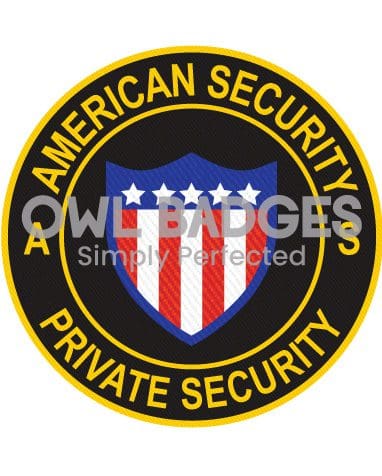 Custom embroidered patches with a black background and gold text with American flag shield center seal a logo of a private security company