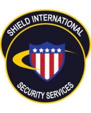 iron on embroidered patches with black background white text Shield International security services a logo of a shield