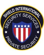 Iron on embroidered patches with black black background and whit text Shield International security services private security and American sheild in the middle. a logo of a security service