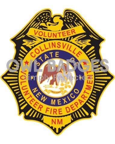 Iron on embroidered patches Volunteer fire department with a state of New Mexico center seal patch a yellow and blue badge with red text