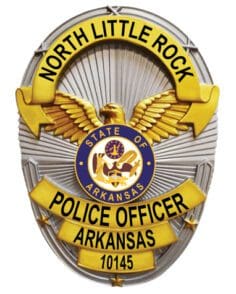 Police officer badge north little rock police officer silver badge with black text and state of arkansas center seal. Style # 6-j1