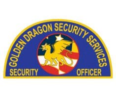 Personalized Iron on patch Golden Dragon Security services a blue and yellow patch with a dragon and stars