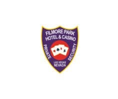 Custom Iron on patches Filmore Park hotel and Casino security patch a purple shield with white text and playing cards