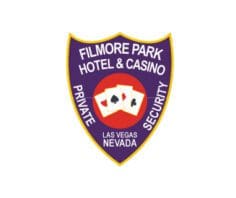 Custom Iron on patches Filmore Park hotel and Casino security patch a purple shield with white text and playing cards