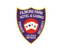 Custom Iron on patches Filmore Park hotel and Casino security patch a purple shield with white text and playing cards