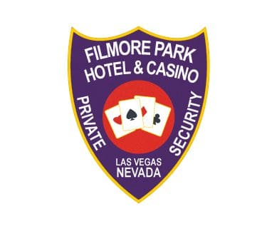 Custom Iron on patches Filmore Park hotel and Casino security patch a purple shield with white text and playing cards