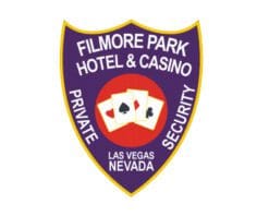 Custom Iron on patches Filmore Park hotel and Casino security patch a purple shield with white text and playing cards