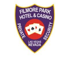 Custom Iron on patches Filmore Park hotel and Casino security patch a purple shield with white text and playing cards