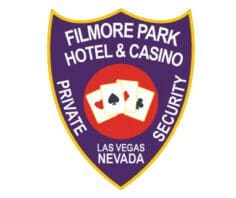 Custom Iron on patches Filmore Park hotel and Casino security patch a purple shield with white text and playing cards