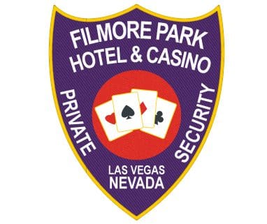 Custom Iron on patches Filmore Park hotel and Casino security patch a purple shield with white text and playing cards