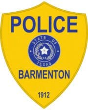 Embroidered patch Barementon Police a yellow shield with blue text and a blue circle