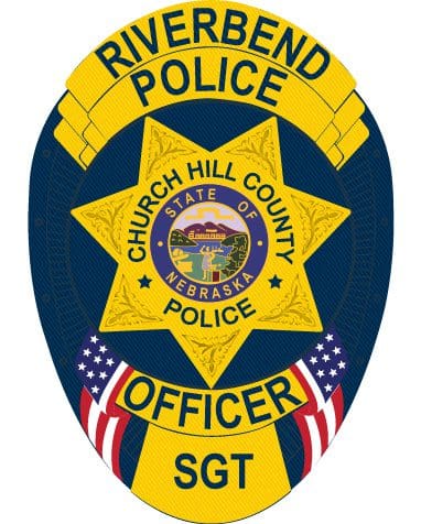 custom iron on patches with blue background and yellow star in the middle with church hill county police with Nebraska state seal. a blue and yellow badge with a star