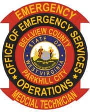 Embroidered patch emergency medical operation bellview county parkhill city with state of west Virginia center seal and red background with gold text.a red and black logo