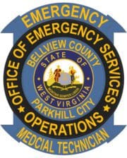 Embroidered patch Emergency Medical operation Bellview county Parkhill city patch with West Virginia state seal and blue background with gold text.