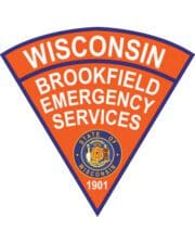 sewable patches Wisconsin Brookfield Emergency Services patch .a Orange triangle with white text a triangle shaped orange and blue sign