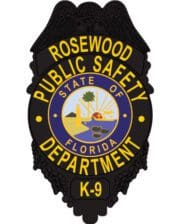 Custom patches on shirts with Rosewood Public safety Department k-9 unit state of florida seal a police badge with text on it