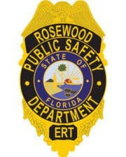 custom patch on shirts with Rosewood public safety department ERT state of florida seal a yellow badge with black text