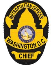 Sewable patches with black background and Metropolitan Officer Washington D.C. Chief patch. a close-up of a police badge