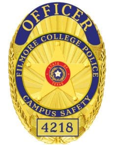 Badges for police filmore college police campus safety officer gold badge with circle and star in the middle with texas state center seal. Style # 11-d25r