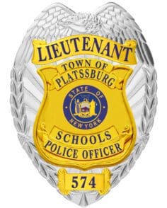 Police badge town of platssburg schools lieutenant silver badge with blue text. Style # 3c11-13g2