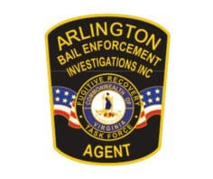 Sewn patches Arlington Bail enforcement Investigations Agent patch with fugitive recovery task force in the center seal a black and yellow patch with a blue and white logo