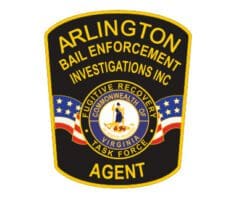 Sewn patches Arlington Bail enforcement Investigations Agent patch with fugitive recovery task force in the center seal a black and yellow patch with a blue and white logo