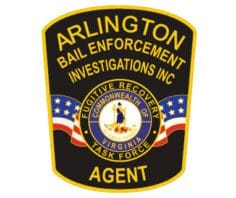 Sewn Patches Arlington Bail Enforcement Investigation patch a black and yellow patch with a blue and red and white text