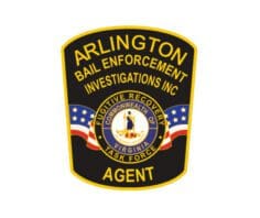 Sewn patches Arlington Bail enforcement Investigations Agent patch with fugitive recovery task force in the center seal a black and yellow patch with a blue and white logo