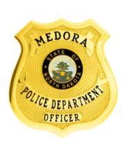 Police officer badge a yellow badge with black text and a blue and yellow circle