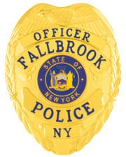 police officer badge Fallbrook Police Officer gold back with blue text. Style 2-c16