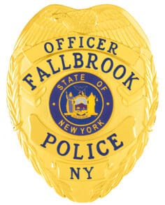 Police officer badge fallbrook police officer gold back with blue text. Style 2-c16