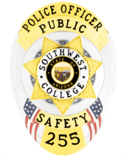 detective badge Southwest College Public Safety silver badge with gold star in the middle and black text. Style # 11-f5