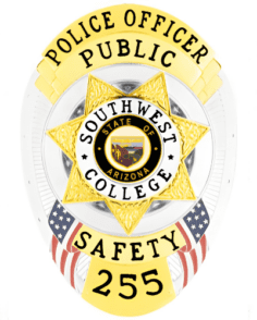 Detective badge southwest college public safety silver badge with gold star in the middle and black text. Style # 11-f5