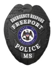 Emergency Response Freeport Police black Badge with white text. Style # 2-c14