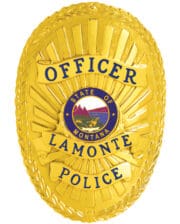 Lamonte Police officer gold badge with blue text and state of Montana center seal. Style # 8-d13-2