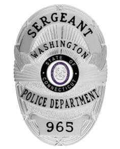 Custom Event Badges - police badge Washington Police Department Sergeant Silver badge with black text and state of connecticut center seal. Style # 5-d10