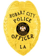 Hobart city Police office gold badge with black text and a black center seal. Style # 2-c12-4