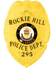 Rockie Hill Police Department Gold Badge with black text. Style # 2-c13-4