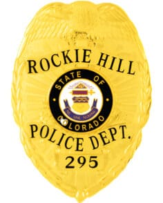 Rockie hill police department gold badge with black text. Style # 2-c13-4