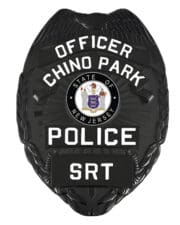 Chino Park Police Officer Black badge with white text. Style # 3-b2