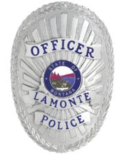 police officer badge Lamonte Police Officer silver badge with blue text and Montana center seal. Style # 8-d13-2