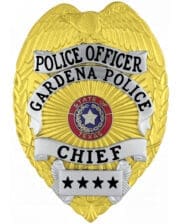 police badge Gardena Police Department Gold Chief badge with black text and a red center seal. Style # 3-f1