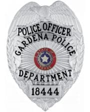 Police Badge Gardena Police Department Police officer Silver badge with black text. Style # 3-f1