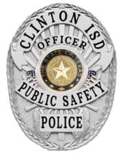 badge for police Clinton Independent school district Public safety silver badge with star and black text. Style # 5-d12